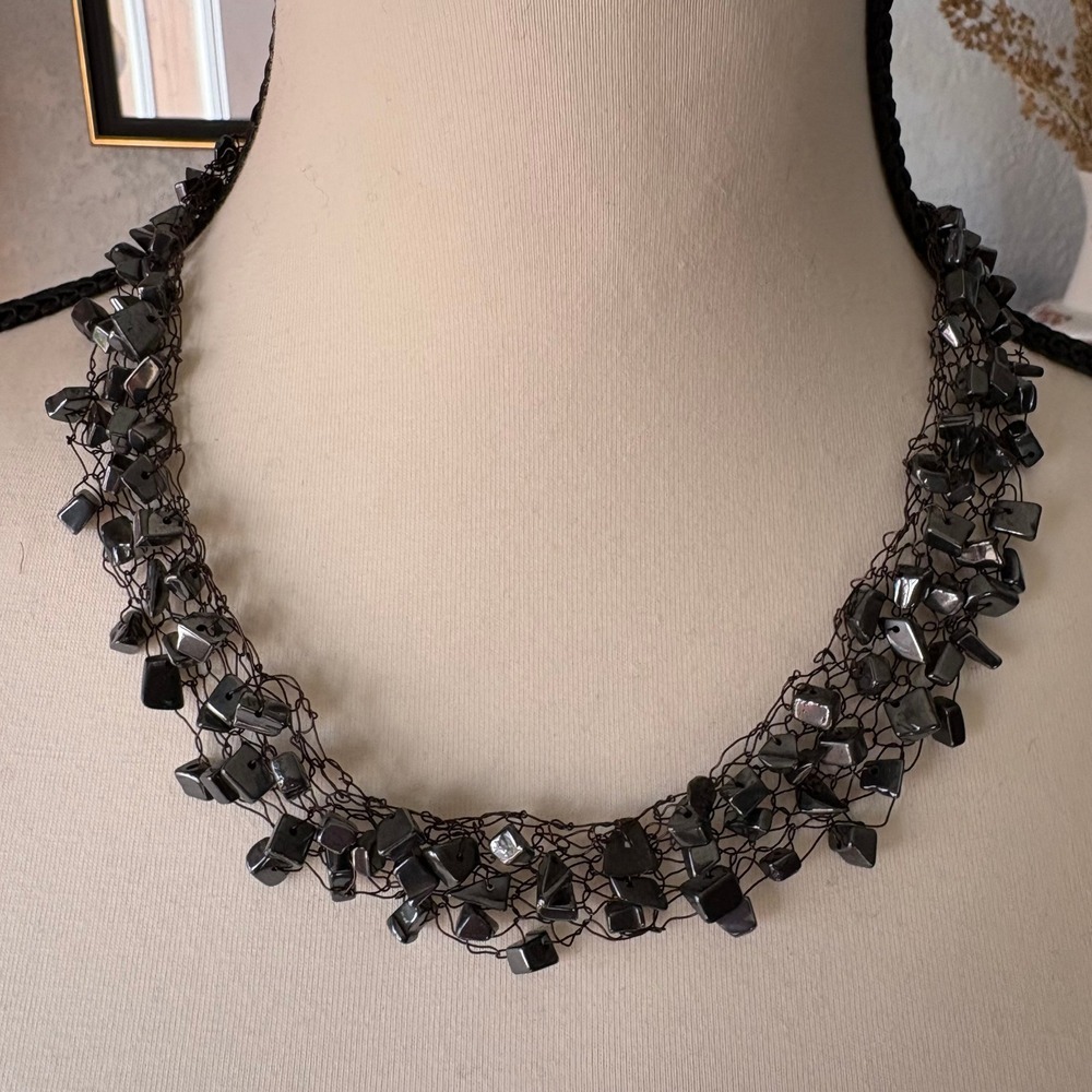 Handmade Black Wire Crochet Beaded Necklace Whimsigoth Artisan Gothic Statement‎